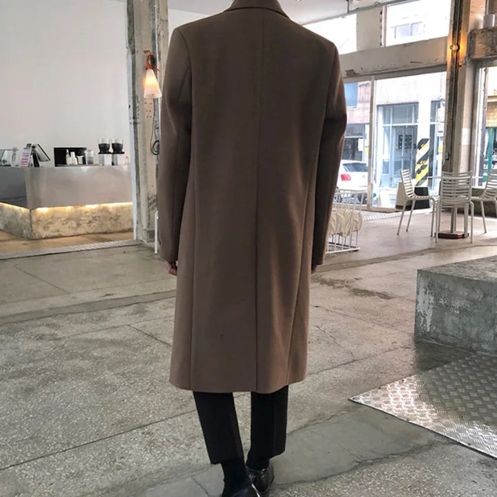 Black Double-Breasted Mid-Length Woolen Coat