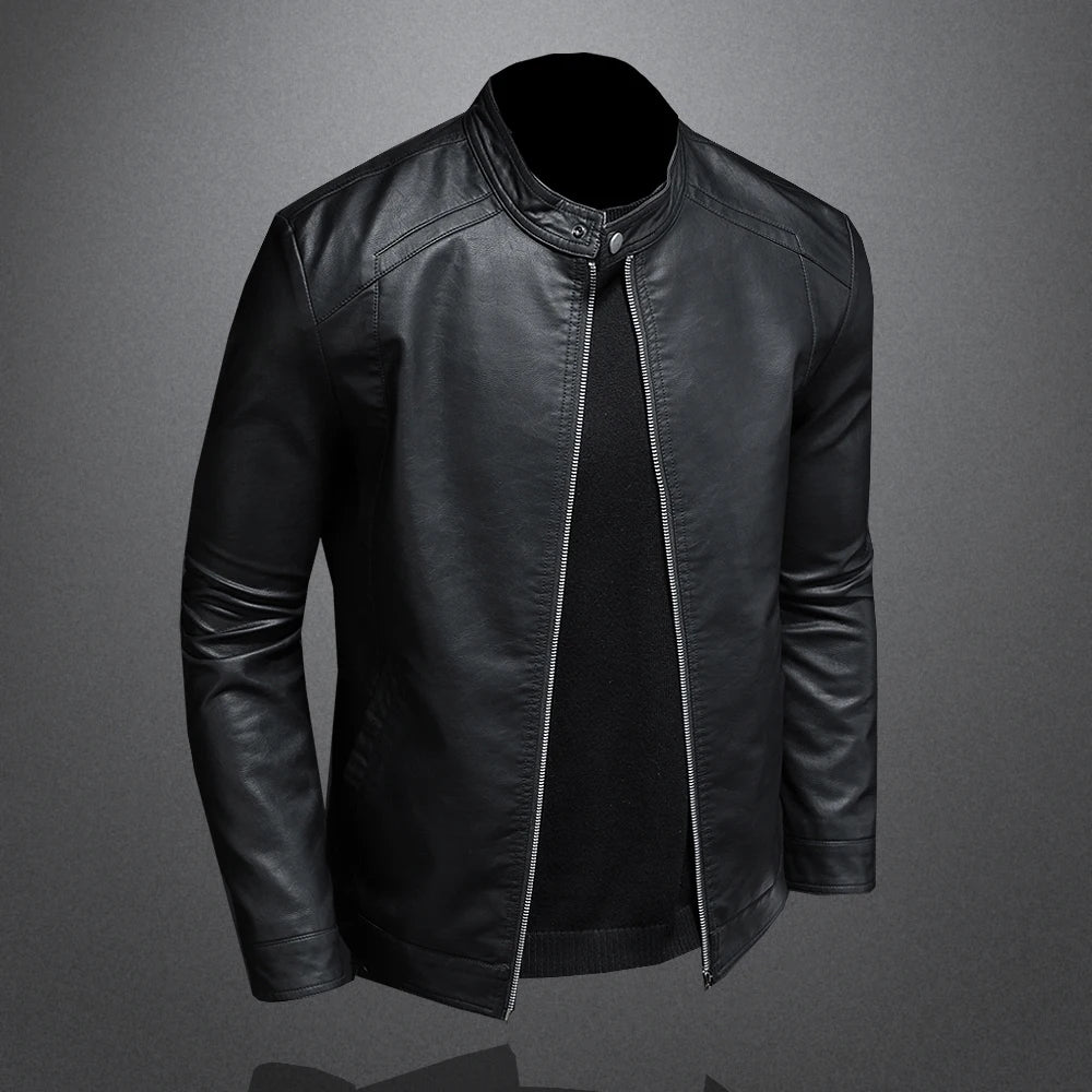 Slim Fit Stand Collar PU Leather Jacket