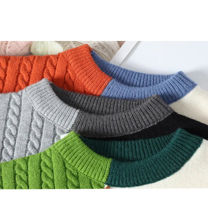 Turtleneck Patchwork Pullovers Streetwear