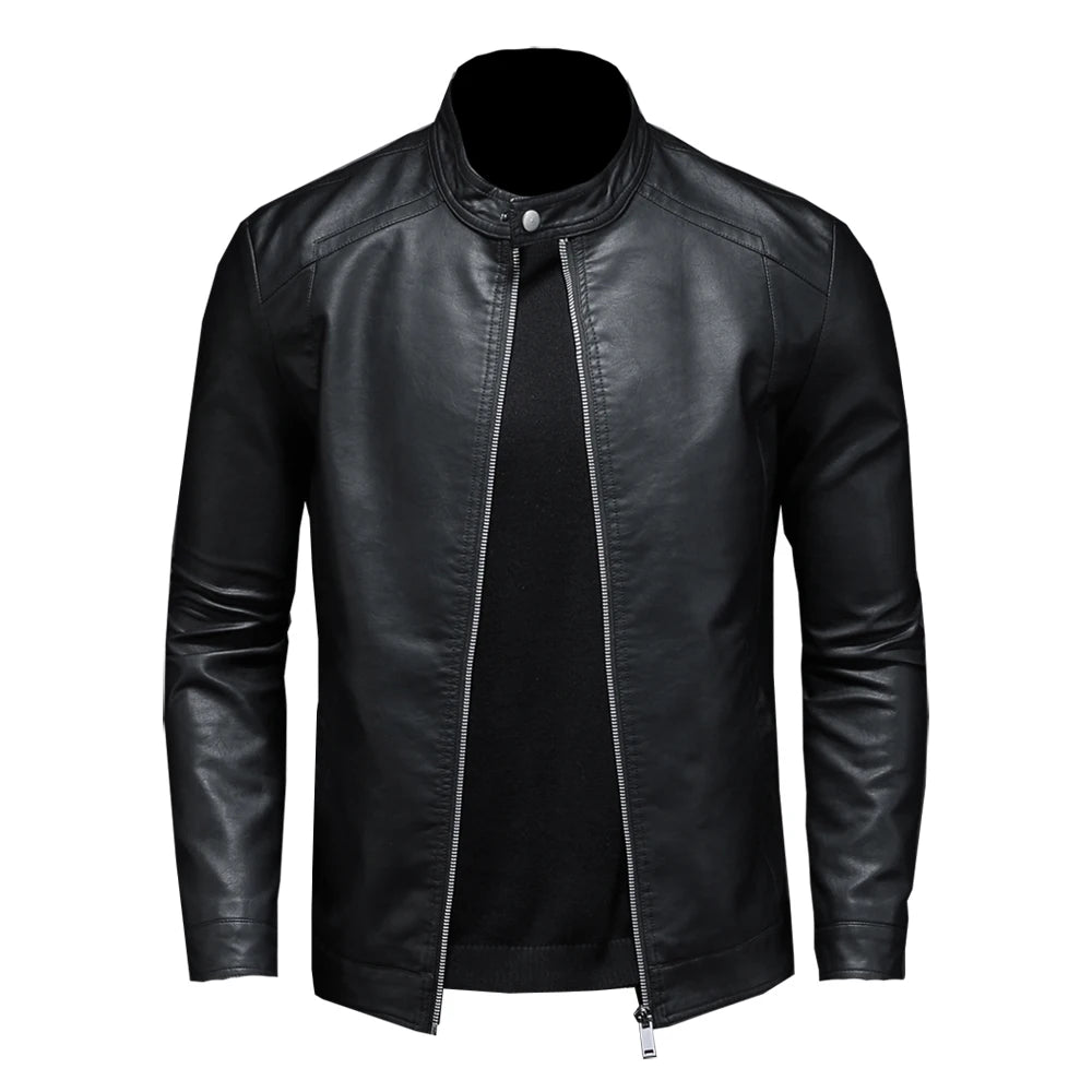 Slim Fit Stand Collar PU Leather Jacket