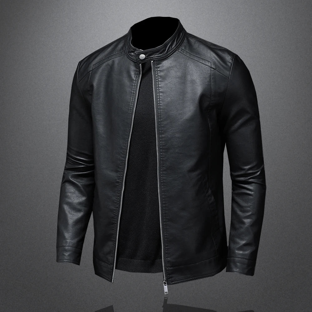 Slim Fit Stand Collar PU Leather Jacket